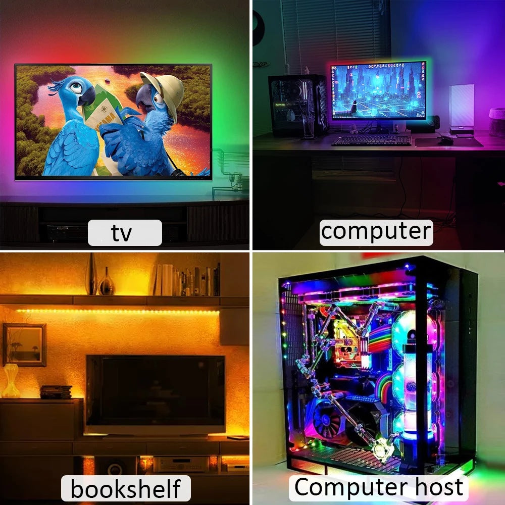 RGB LED strip used behind a TV, a gaming desk, a bookshelf and a PC case