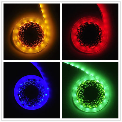 RGB LED strip lit in orange, red, blue and green