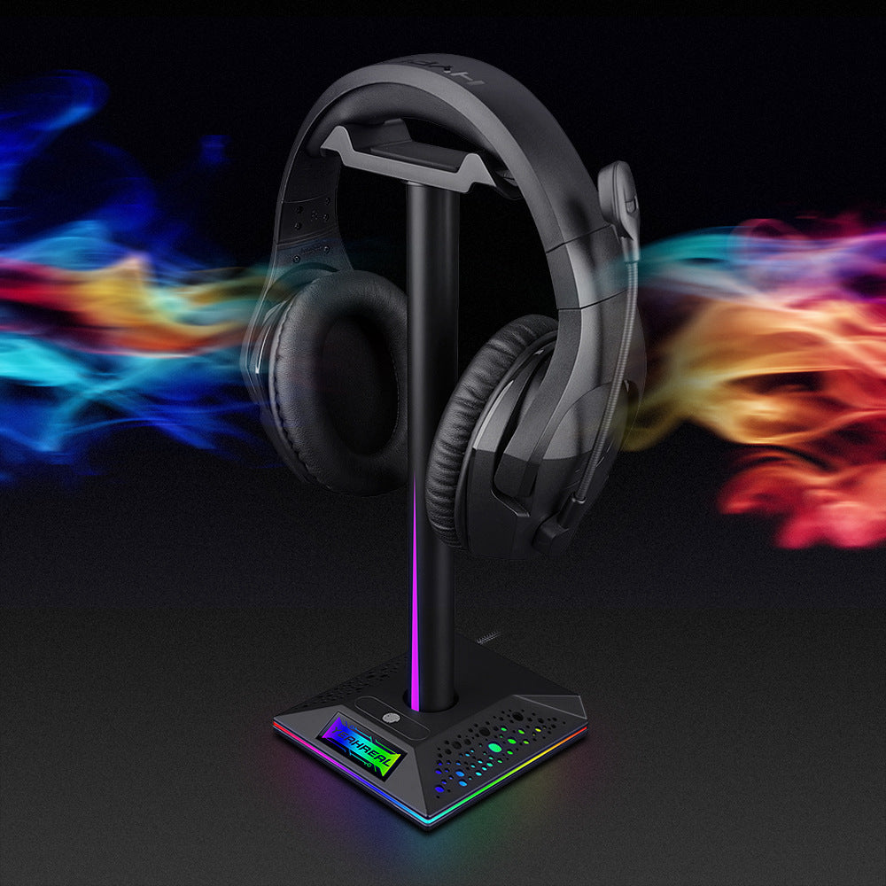 RGB headset stand with headphones, view 1