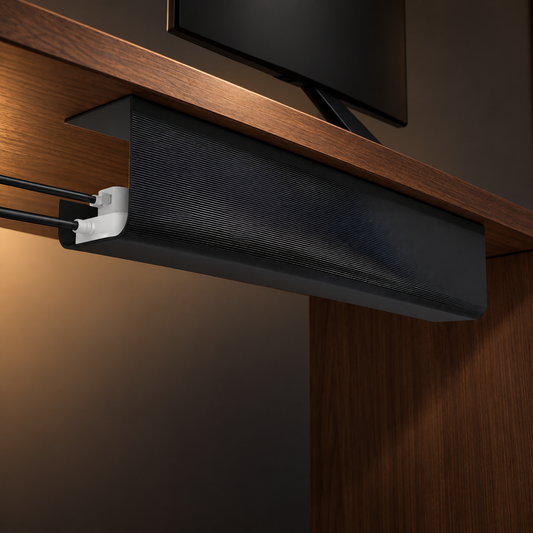 Black under-desk cable tray holding a power strip under a walnut desk