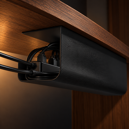 Close-up of the black cable tray holding a power strip