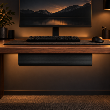 Clean desk setup with the cable tray hidden under the desk