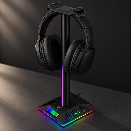RGB headset stand holding a headset on a dark desk