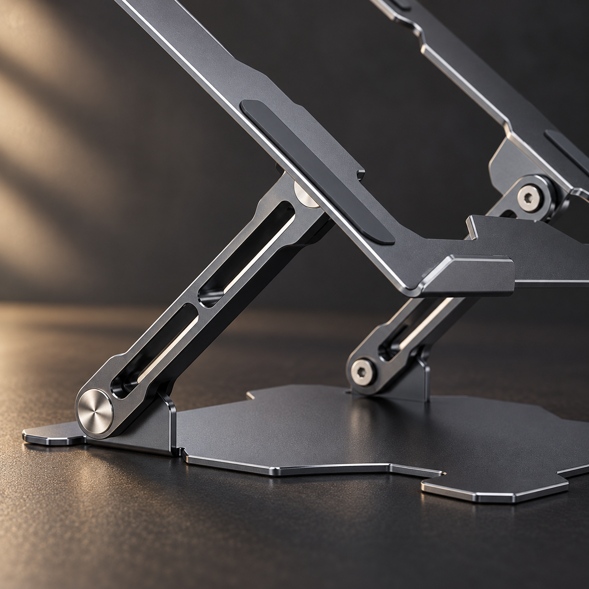 Close-up of the laptop stand hinge and aluminum arms