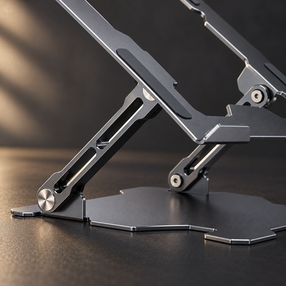 Close-up of the laptop stand hinge and aluminum arms