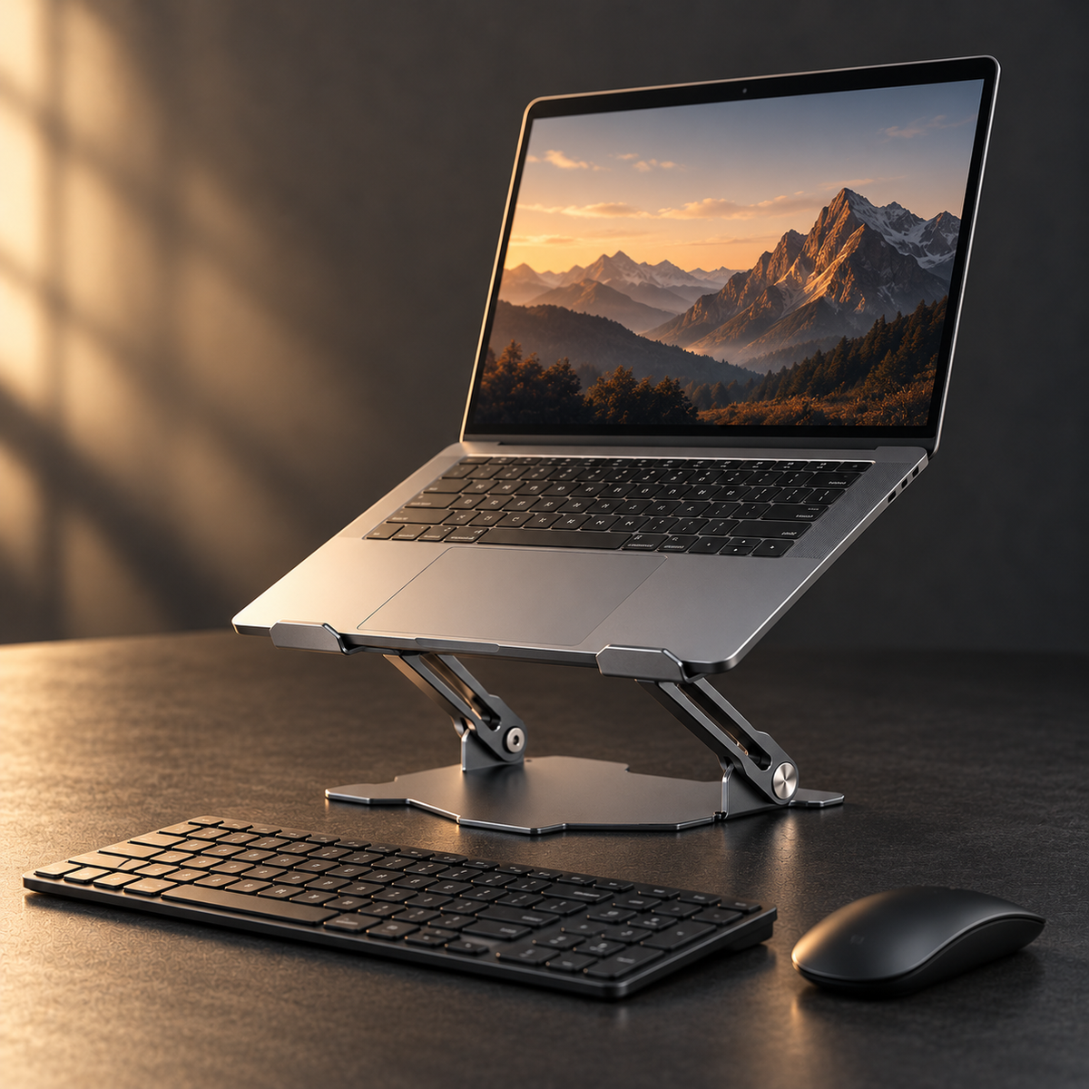 Laptop on the aluminum stand with keyboard and mouse on a dark desk