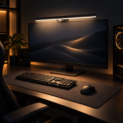 Monitor light bar in a gaming setup at night