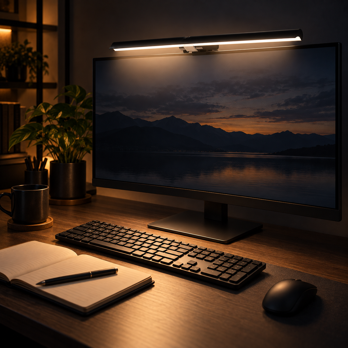 Monitor light bar lighting a work desk in the evening