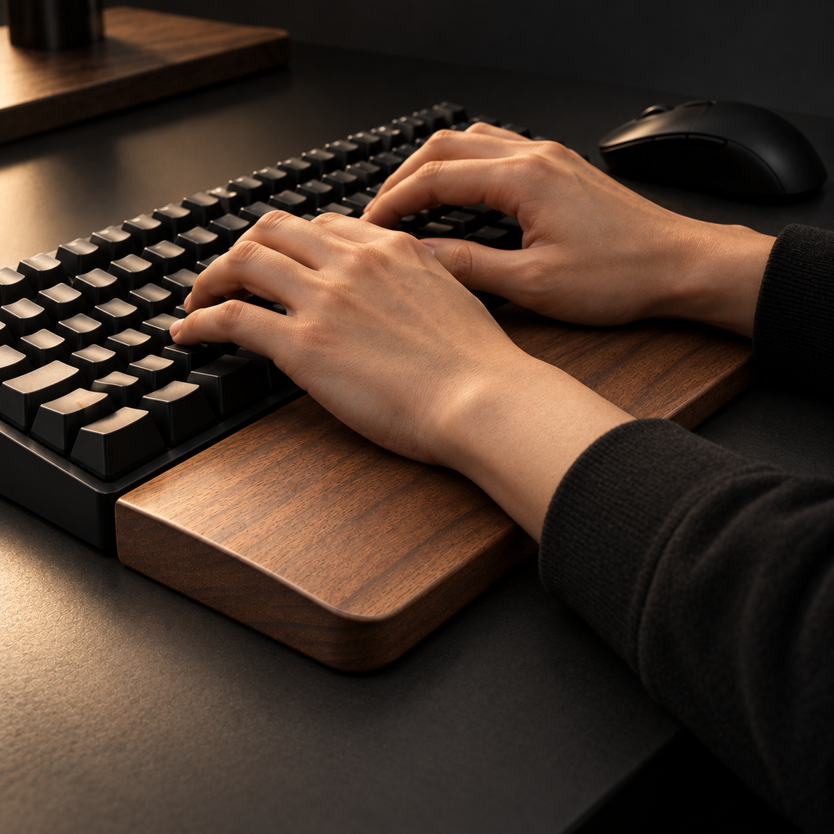 Hands typing with wrists on the walnut wrist rest
