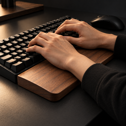 Hands typing with wrists on the walnut wrist rest